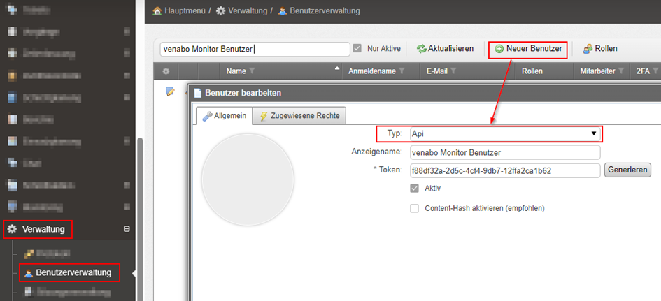 Benutzerverwaltung - API-Benutzer anlegen