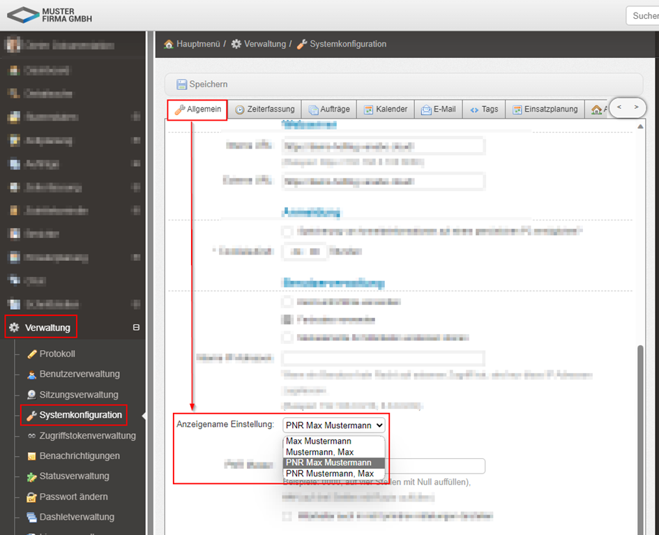 Systemkonfiguration - Auswahl des Anzeigeformats für Mitarbeitende
