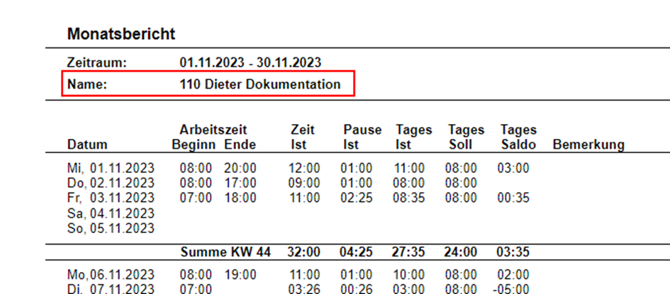 Monatsbericht mit Anzeigenamen im Format PNR Vorname Nachname